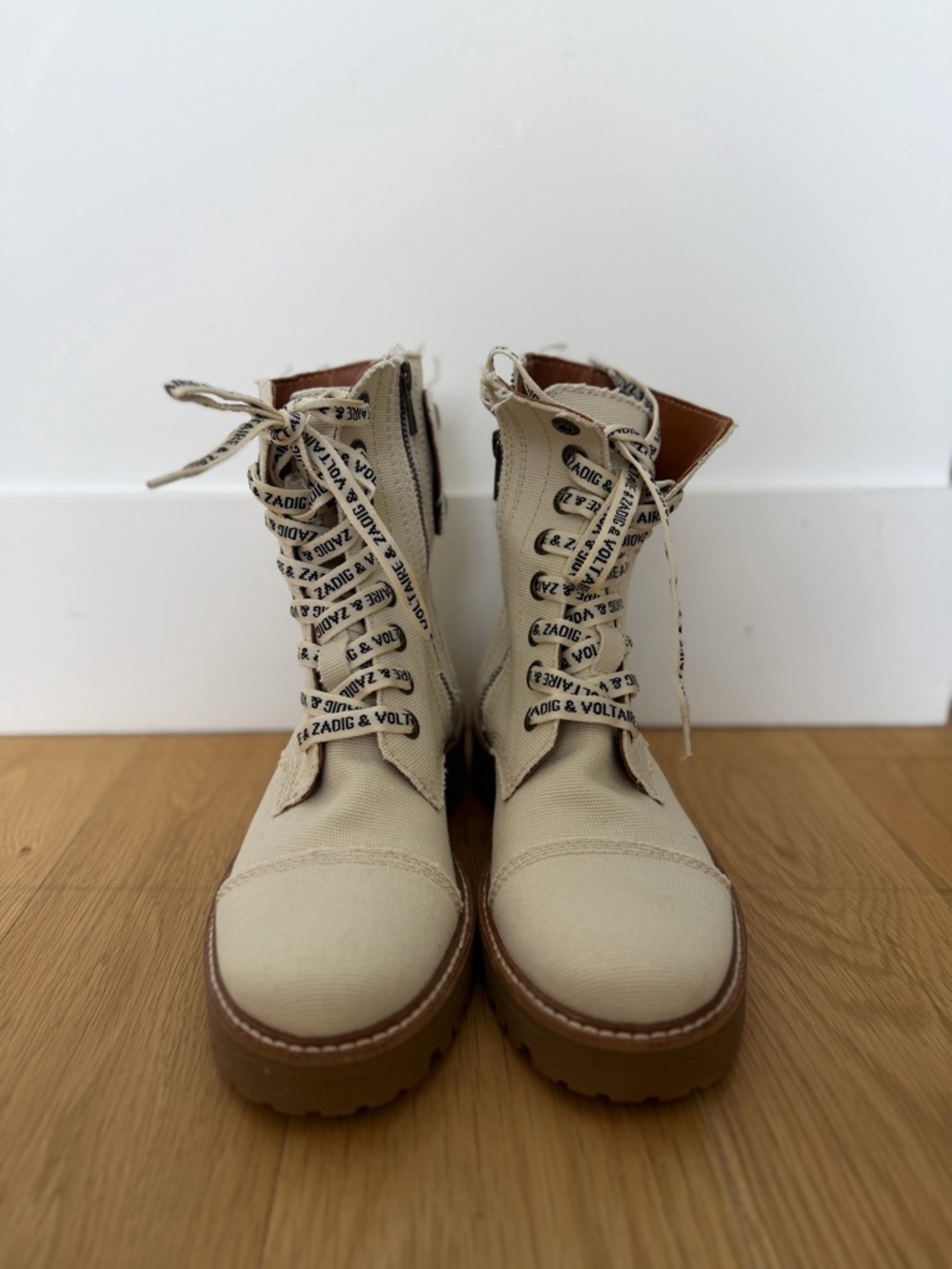 New Zadig & Voltaire Beige Canvas Lace-Up Combat Boots with Branded Laces